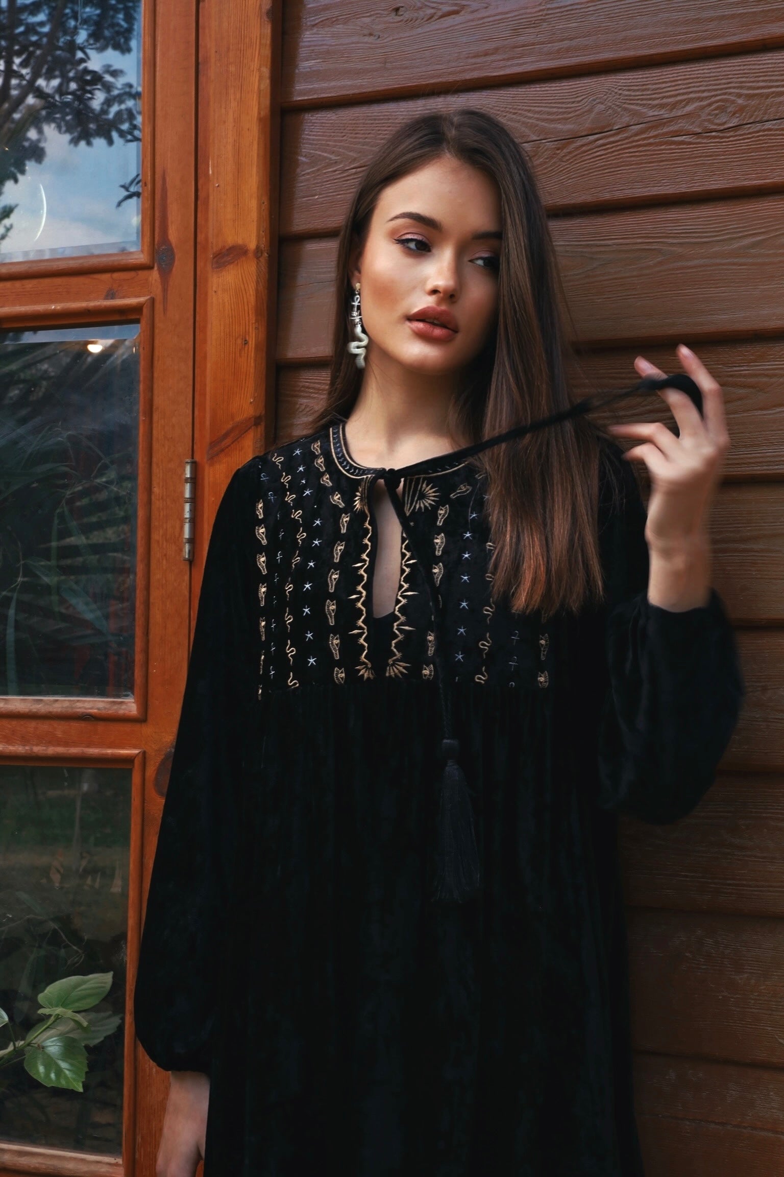 Black velvet embroidered on sale dress