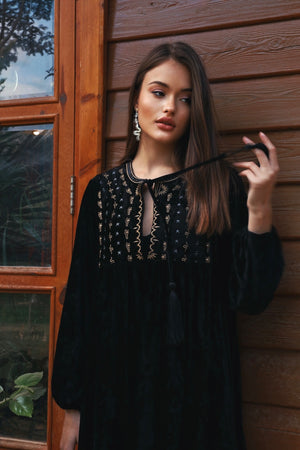 RA Universe | Velvet Embroidered Black Dress