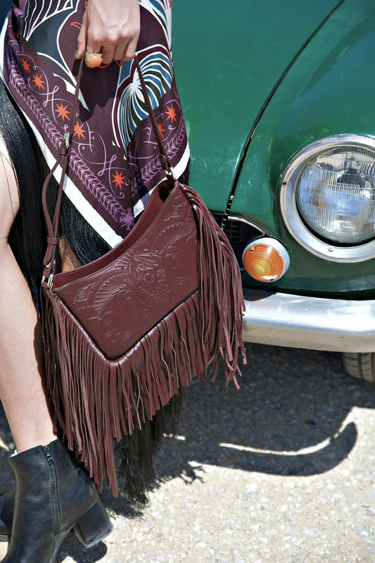 Bound in Light | Burgundy Fringe Leather Bag