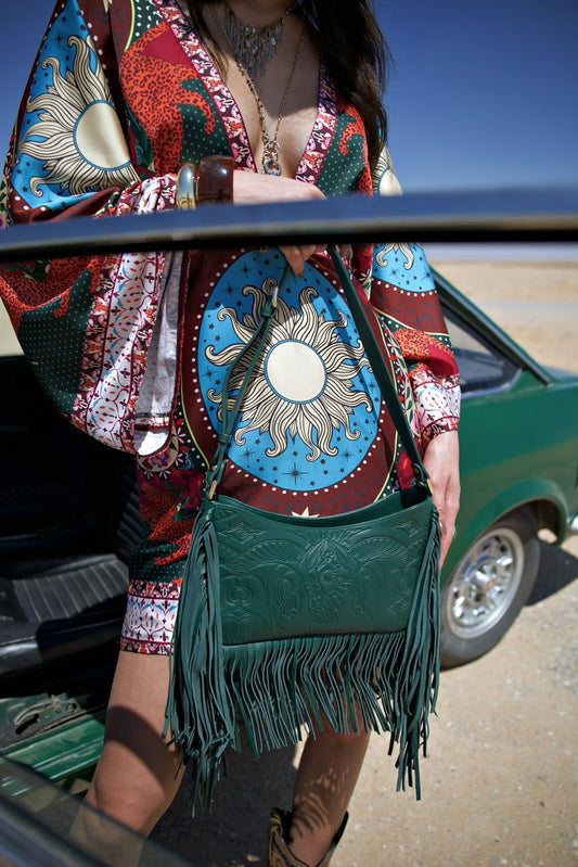 Bound in Light | Green Fringe Leather Bag